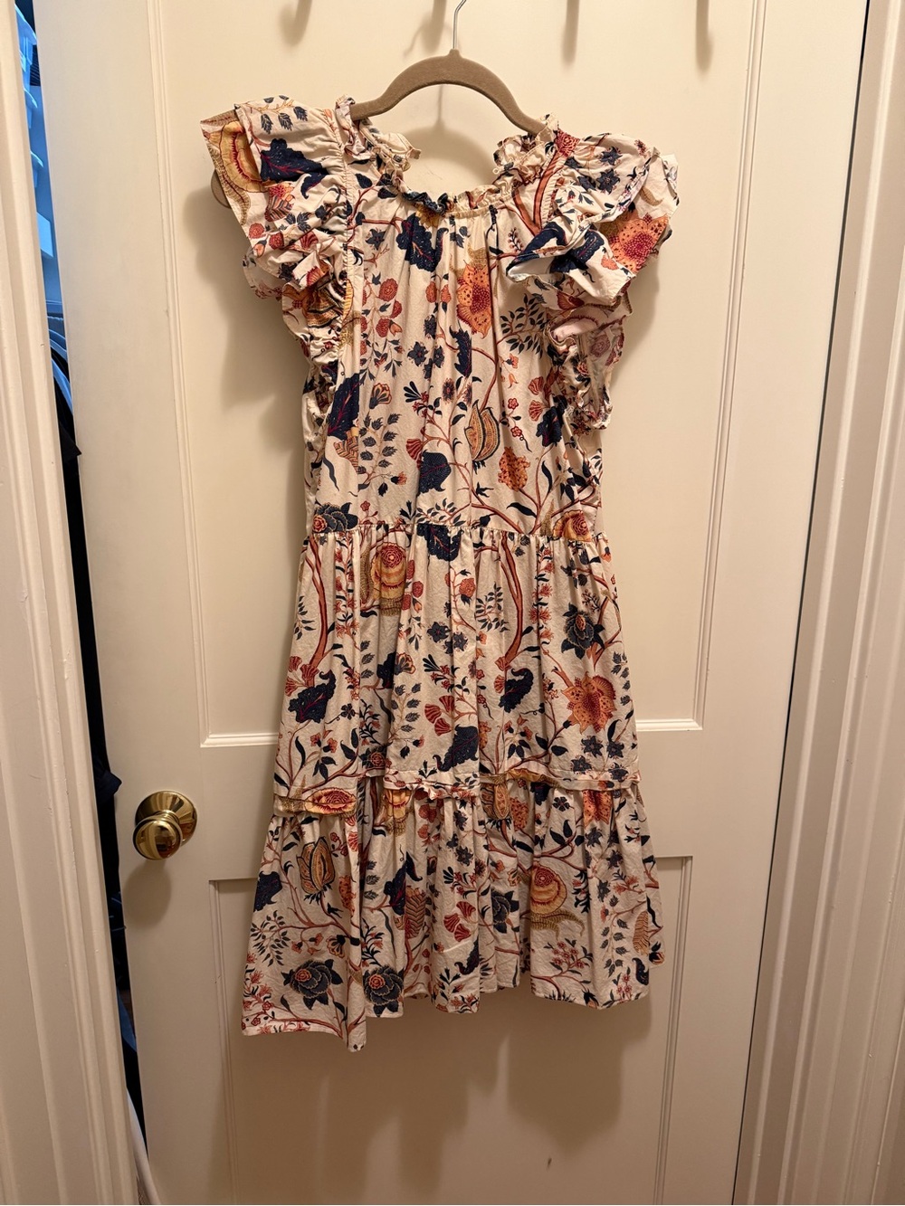 Ulla Johnson Floral Ruffled Sleeve Dress - Navy & Rust on Cream